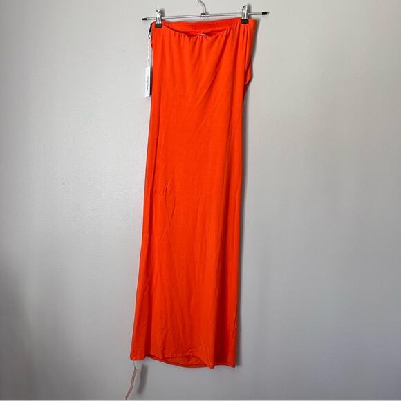 Reformation NEW Bebe Knit Strapless Ruched Fitted Column Dress Flame Red Orange - Picture 7 of 8